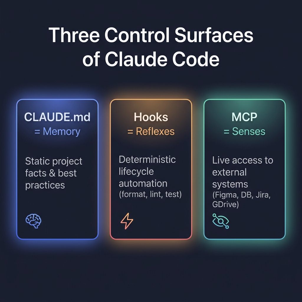 Ba bề mặt điều khiển của Claude Code: CLAUDE.md (Memory), Hooks (Reflexes), MCP (Senses)