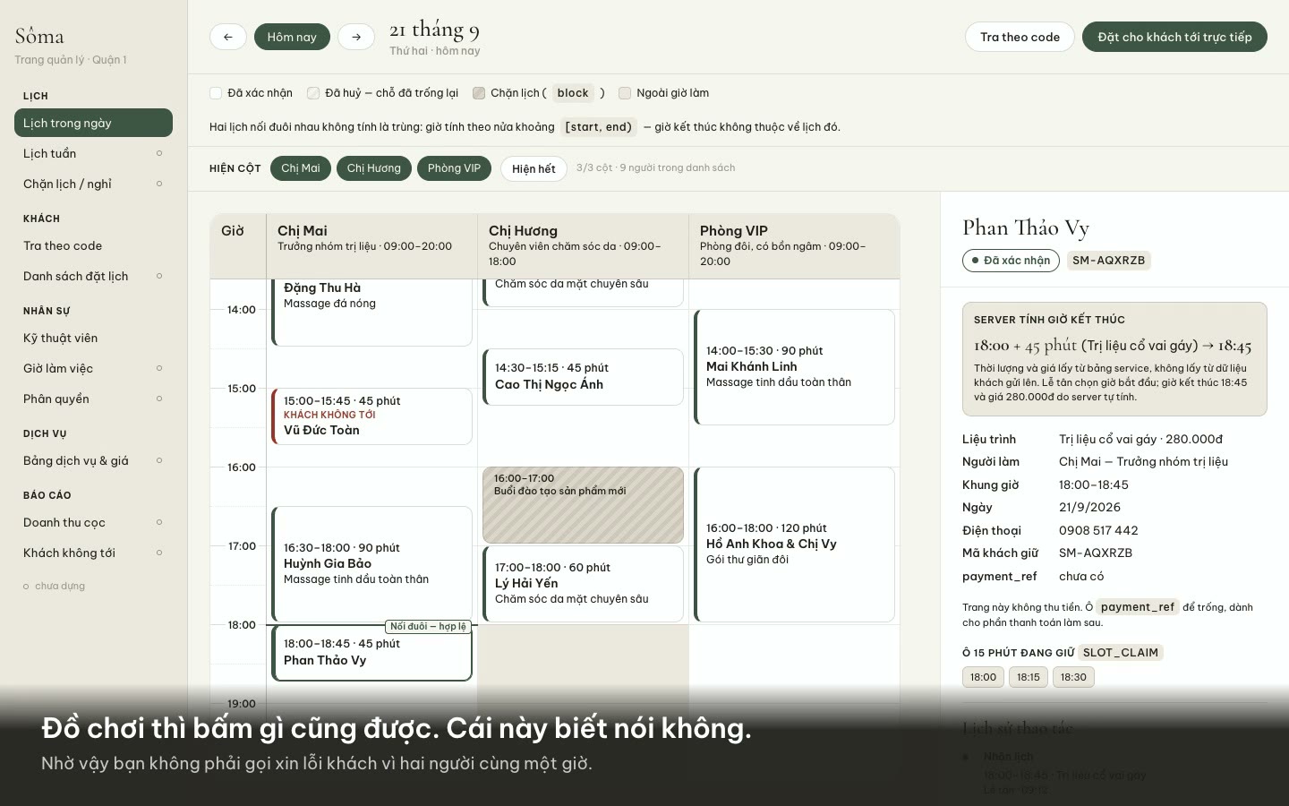 Web đặt lịch học viên dựng trong khoá: ô giờ đã có người giữ thì máy chủ chặn đặt đè